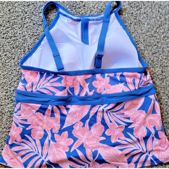 Swim Top Floral 18 DDD Halter Tankini Blue Coral Padded Bra Lands End XL S488 - Picture 3 of 8